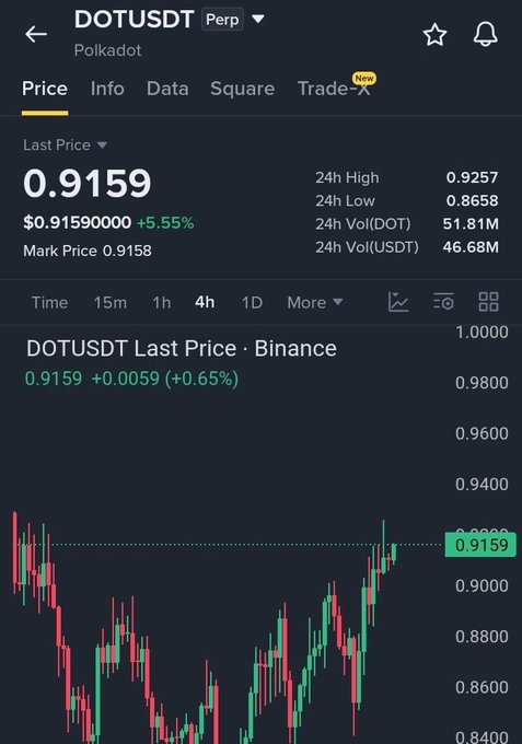 A cryptocurrency trading chart for "DOTUSDT Perp" on Polkadot shows a last price of 0.9159 USD with a +5.55% gain, displaying a 4-hour candlestick chart sourced from Binance.
