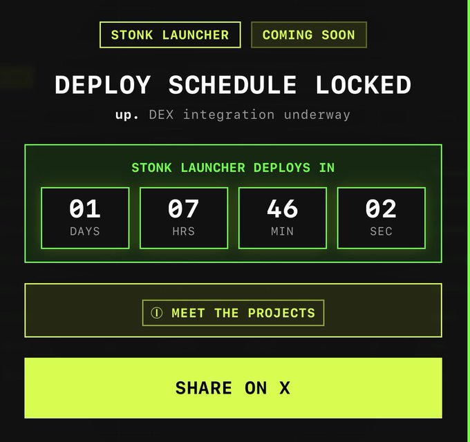A countdown timer for the Stonk Launcher shows 1 day, 7 hours, 46 minutes, and 2 seconds remaining until deployment, with a "Deploy Schedule Locked" banner and notes that DEX integration is underway. The interface includes options to "Meet the Projects" and "Share on X," aligning with the post's announcement that the launch is set for Friday, August 21st at 5:45 P.M. EST.