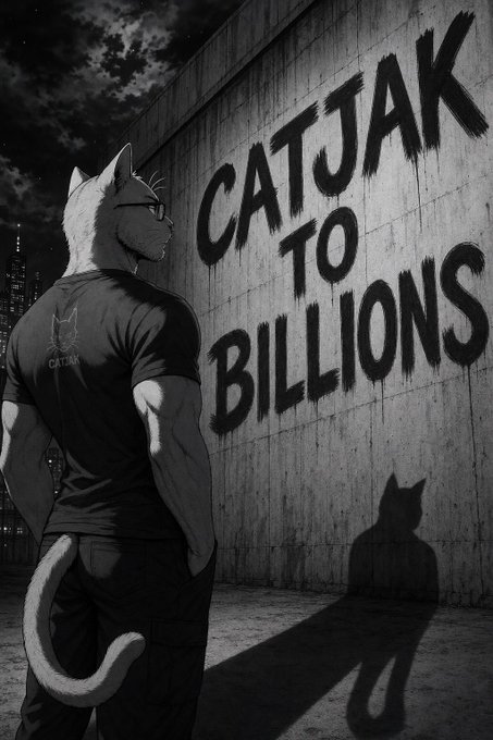 A muscular cat character stares at graffiti that reads "$CATJAK TO BILLIONS," with his shirt displaying the "$CATJAK" logo. The image visually represents the post's message of $CATJAK's potential for massive growth.