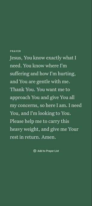 A green screen displays a prayer addressed to Jesus, expressing suffering and a request for rest, with an 'Add to Prayer List' button below.