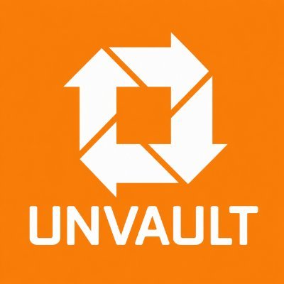 An orange square logo featuring a white geometric design of interlocking arrows around a square, with the text "UNVAULT" displayed at the bottom.