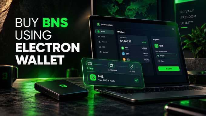 A promotional graphic showing a laptop displaying an Electron Wallet interface with the text 'BUY BNS USING ELECTRON WALLET', featuring options like 'Buy', 'Receive', and 'Use'.