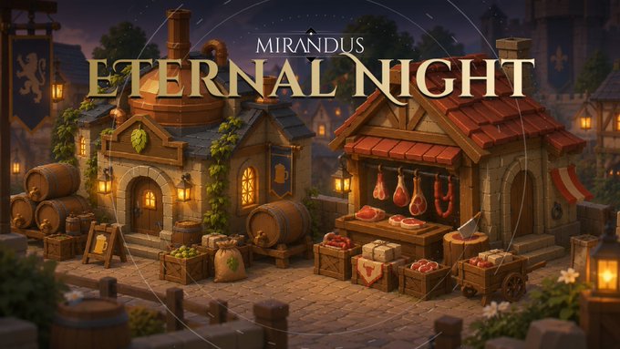 A stylized fantasy town scene featuring a stone tavern and butcher shop at night, with the text "MIRANDUS ETERNAL NIGHT" displayed prominently at the top, promoting the latest update for the Gala Games MMO Mirandus.