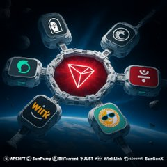 A futuristic space-themed graphic displays interconnected icons representing major DeFi platforms and cryptocurrencies—including APENFT, SunPump, BitTorrent, JUST, WinkLink, BEE, TRON, and a witty meme token—all orbiting a glowing red diamond symbol at the center. The visual symbolizes how the TRON Carnival Season 2 unites diverse digital assets into a single ecosystem, illustrating the multiple DeFi participation paths the campaign promotes across different token roles.