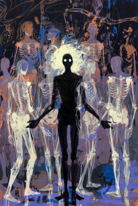 A dark, surreal digital painting featuring a shadowy humanoid figure with glowing white eyes surrounded by translucent skeletal figures and abstract blue and orange brushstrokes.