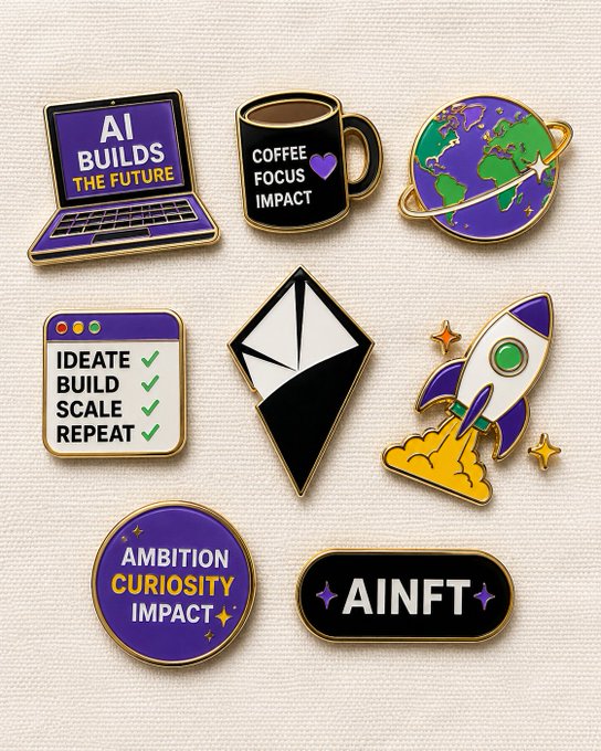 A collection of enamel pins with crypto and productivity themes, including 'AI BUILDS THE FUTURE', 'COFFEE FOCUS IMPACT', an Earth pin, a checklist pin, an Ethereum logo pin, a rocket pin, 'AMBITION CURIOSITY IMPACT', and an AINFT pin.