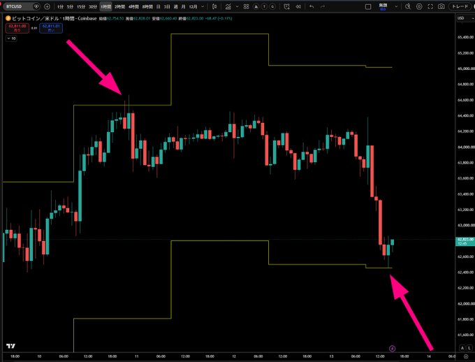 A Bitcoin/USD (BTCUSD) candlestick chart on Coinbase shows price action between approximately $41,800 and $65,400 over several days, with pink arrows highlighting a peak resistance zone near $64,000 and a support breakdown toward $42,800—visually reinforcing the post's lament about a blown long position and crumbling motivation.