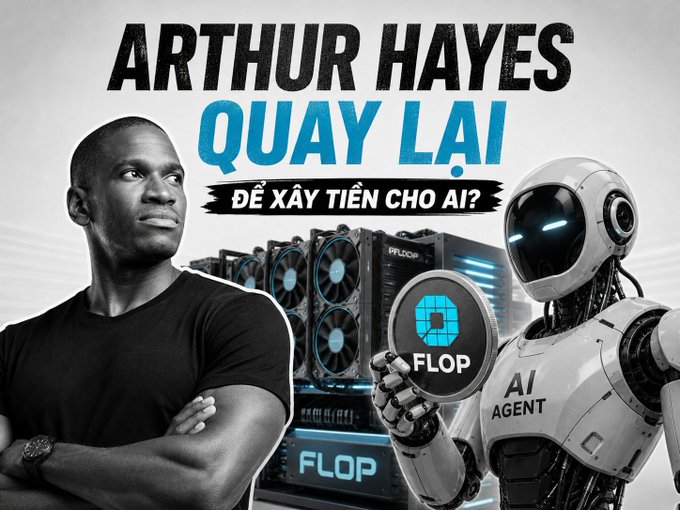 A promotional image features Arthur Hayes alongside an AI robot labeled 'AI AGENT', with text in Vietnamese reading 'ARTHUR HAYES QUAY LẠI ĐỂ XÂY TIỀN CHO AI?' (Arthur Hayes returns to make money for AI?), branding for the FLOP cryptocurrency project.