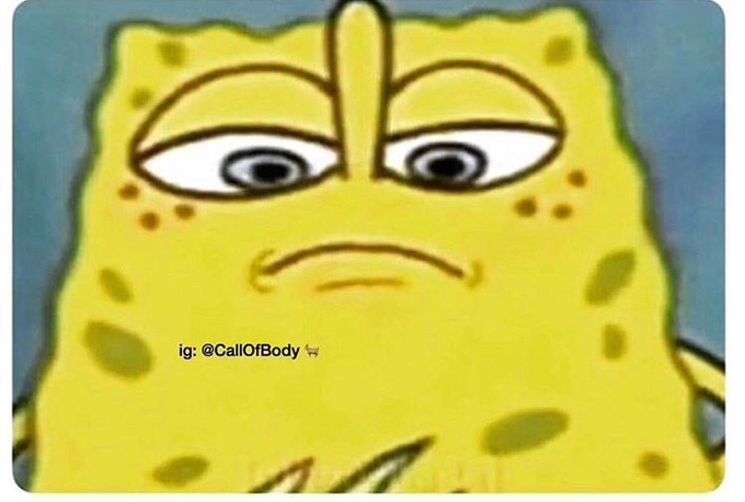 A close-up of a unimpressed-looking SpongeBob SquarePants with the watermark 'ig: @CallOfBody'.