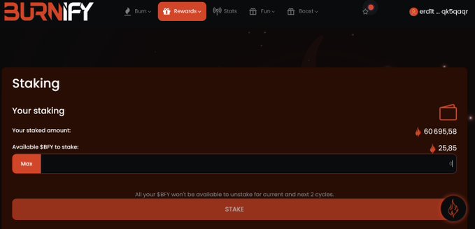 A screenshot of the BURNIFY cryptocurrency staking interface showing a staked amount of 60,695.58 BIFY and 25.85 available BIFY to stake, with the username ediit_qk5qagr.