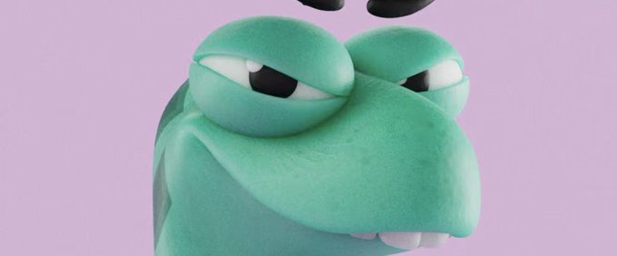 A 3D-rendered teal character with large, heavy-lidded eyes, a prominent beak-like nose, and small visible teeth stares forward against a solid light purple background.