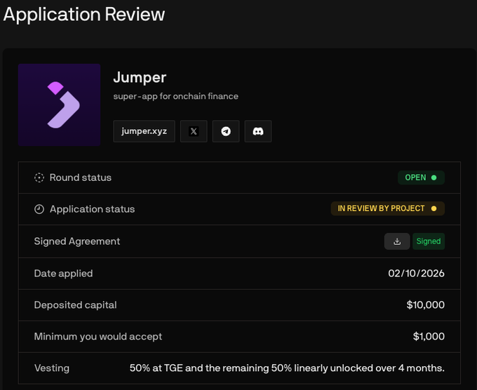An 'Application Review' interface for 'Jumper - super-app for onchain finance', showing round status as 'OPEN' and application status as 'IN REVIEW BY PROJECT', with a deposited capital of $10,000 and a minimum acceptance of $1,000.