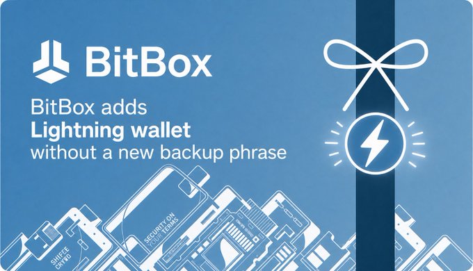 A blue promotional graphic announces "BitBox adds Lightning wallet without a new backup phrase," featuring the BitBox logo and a bow with a lightning bolt icon.
