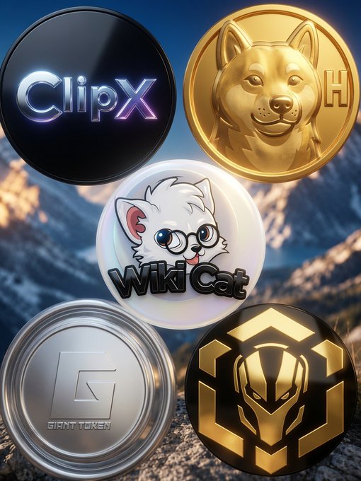 Five cryptocurrency tokens are displayed against a snowy mountain backdrop, featuring ClipX (black), Hachiko (gold Shiba Inu), WikiCat (white cat), Giant Token (silver "G"), and a CaptainBNB-inspired gold emblem. The image visually represents the meme coins mentioned in the post: $ClipX, $WKC (WikiCat), $GTAN (Giant Token), $Hachiko, and $CaptainBNB.