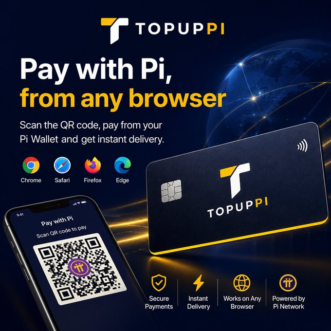 Promotional graphic for TopUpPi, advertising the ability to 'Pay with Pi, from any browser' via QR code scanning, compatible with Chrome, Safari, Firefox, and Edge, highlighting secure payments and instant delivery.