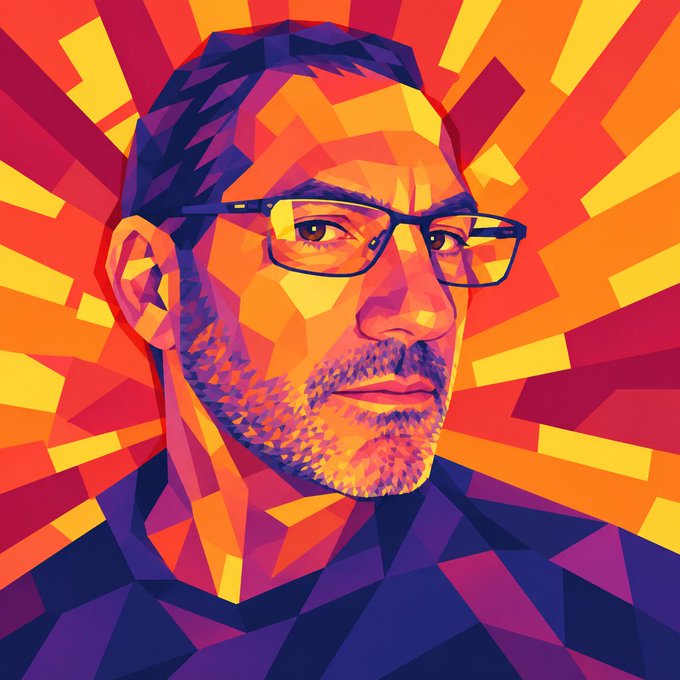 A vibrant, geometric pop-art style portrait shows a bearded man wearing glasses against a striking orange and red sunburst background.