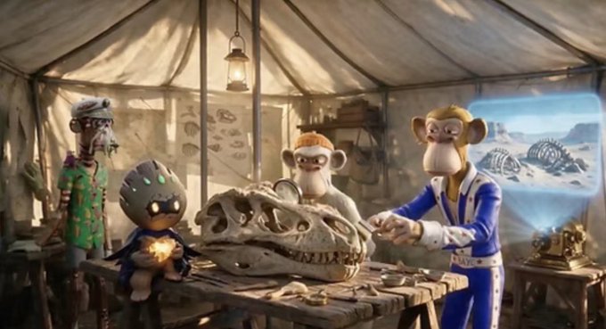 A whimsical scene inside a tent featuring three animated monkeys examining a large dinosaur skull fossil on a wooden table, with an older bearded man in green standing nearby and skeletal remains visible in a projected display.