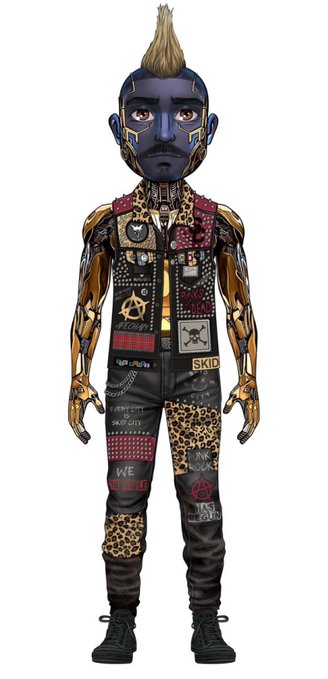 A 3D-rendered cyberpunk character with a blonde mohawk, dark beard, and ornate mechanical facial markings, wearing a heavily decorated vest and pants featuring leopard print patches, an anarchy symbol, and patches reading 'SKID' and 'WE ARE COMING.'