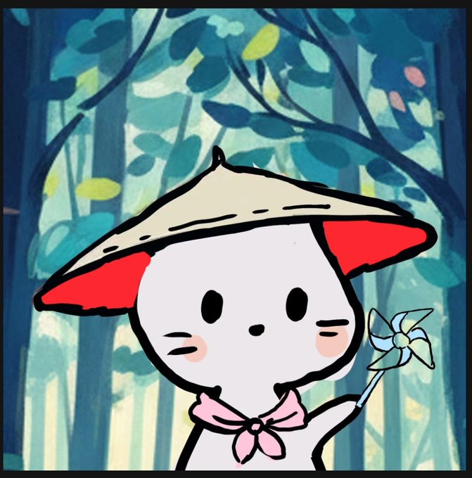 An illustrated white cat character wearing a straw hat with red inner brim, a pink neckerchief, and holding a pinwheel, set against a background of green and blue forest foliage.