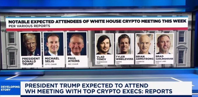 A news graphic titled 'NOTABLE EXPECTED ATTENDEES OF WHITE HOUSE CRYPTO MEETING THIS WEEK' showing photos of President Donald Trump, Michael Selig (CFTC Chair), Paul Atkins (SEC Chair), Vlad Tenev (Robinhood CEO), Tyler Winklevoss (Gemini), Brian Armstrong (Coinbase), and Brad Garlinghouse (Ripple Labs).