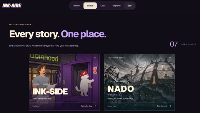 A dark-themed website landing page for INK-SIDE streaming platform displaying the tagline 'Every story. One place.' with featured series 'INK-SIDE' and 'NADO' (an original series).