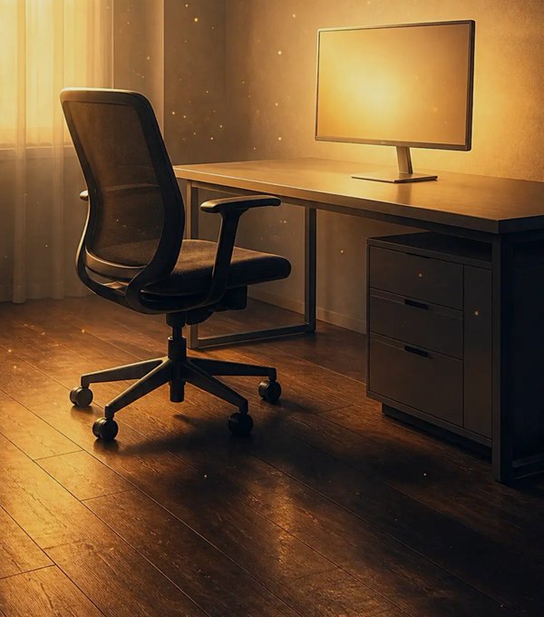 A warmly lit room featuring a black mesh office chair facing a wooden desk with a glowing monitor, with sunlight streaming through a curtained window and dust particles visible in the air.