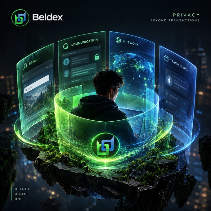 A promotional graphic for Beldex featuring the motto 'PRIVACY BEYOND TRANSACTIONS,' showing a person surrounded by holographic interface panels labeled SEARCH, COMMUNICATION, NETWORK, and TRANSACTIONS, with additional text listing BELNET, BCHAT, and BNS.