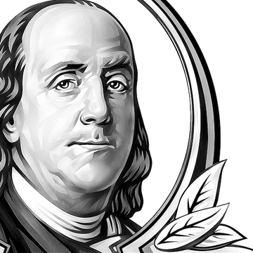 A stylized grayscale portrait of Benjamin Franklin, whose likeness appears on the U.S. hundred-dollar bill, is depicted alongside a circular emblem with laurel leaves, evoking the imagery of Franklin Templeton's brand. The illustration visually ties the news of Franklin Templeton's $1.83 trillion firm enabling tokenized real-world assets to be used as crypto collateral for USDT and USDC credit lines through Bybit.