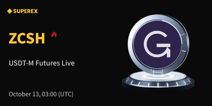 A SuperEx promotional graphic announces the launch of ZCSH USDT-M Futures on October 13 at 03:00 UTC, featuring the SUPEREX logo, ZCSH ticker with a flame icon, and a stylized purple "G" coin displayed on a futuristic platform against a dark background.