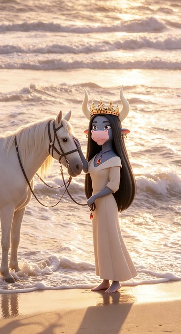 A 3D-rendered illustration of a stylized character with a horned headdress and face mask standing barefoot on a beach with a white horse.