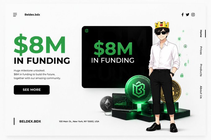 A Beldex.bdx website banner advertising '$8M IN FUNDING' with an anime-style character wearing a crown and sunglasses, and a 'SEE MORE' button.