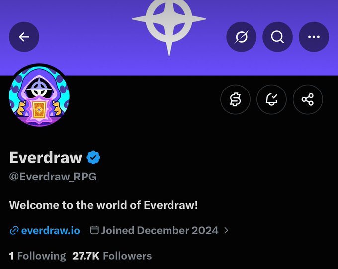 The image shows the verified Everdraw (@Everdraw_RPG) profile on X, featuring the text “Welcome to the world of Everdraw!”, the website everdraw.io, “Joined December 2024,” and 27.7K followers. It supports the accompanying post by introducing the Solana-based TCG and party RPG created with @chefgoose.