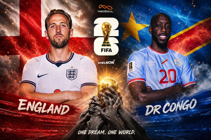 A dramatic 2026 FIFA World Cup promotional graphic featuring Harry Kane for England and a DR Congo player (#20) on opposite sides, with 'ONE DREAM. ONE WORLD' tagline and KhelNow branding.