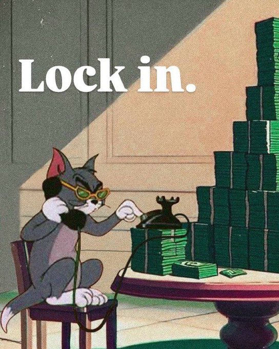 The image shows a classic cartoon cat (Tom from Tom and Jerry) wearing headphones and sunglasses, intently focused on a telegraph machine while sitting next to massive stacks of cash, with the bold text "Lock in." overlaid at the top. 

It perfectly matches the post's message about staying focused and alert—after SOL's price surge brought in liquidity, the cat is "locked in," listening closely to market signals to identify strong narratives before others catch on.