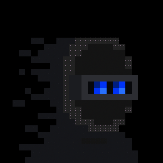 A dark, pixelated figure with glowing blue eyes and fragmented glitch-like body parts is depicted, evoking a glitchy, "corrupted data" aesthetic. This visual style complements the post about a zkSNARK (#7145) being sold as a digital collectible on Zilkroad, reinforcing the cryptographic, tech-forward theme of the transaction.