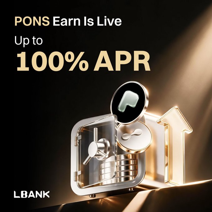 A promotional graphic from LBank announces "PONS Earn Is Live" with "Up to 100% APR," featuring a 3D rendered safe, stacked coins, and an upward arrow alongside the $PONS token logo to visually represent locking tokens for high-yield earnings.