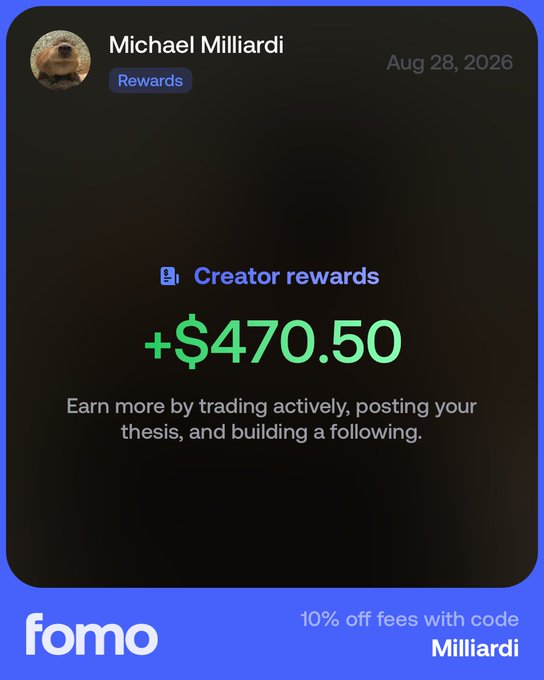 The image shows a Fomo creator rewards notification for Michael Milliardi dated Aug 28, 2026, displaying earnings of +$470.50 with a promo code "Milliardi" for 10% off fees. The post promotes Milliardi as the founder of @Rugsfun and one of the most trustworthy follows on Fomo, with the screenshot serving as proof of his legitimate earnings through the platform.