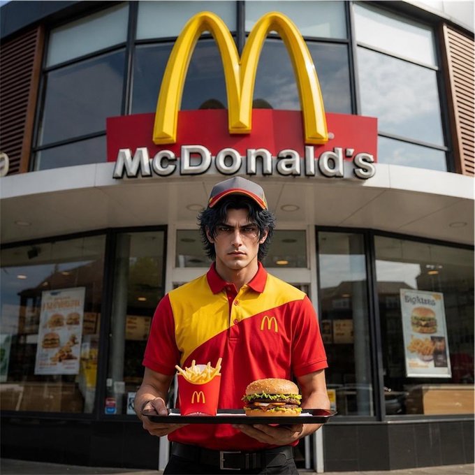 A McDonald's employee stands in front of a "McDonald's" sign, holding a tray with a large burger and fries, reflecting the poster's "g00n 5 times a day" joke about fast food and questionable financial decisions.