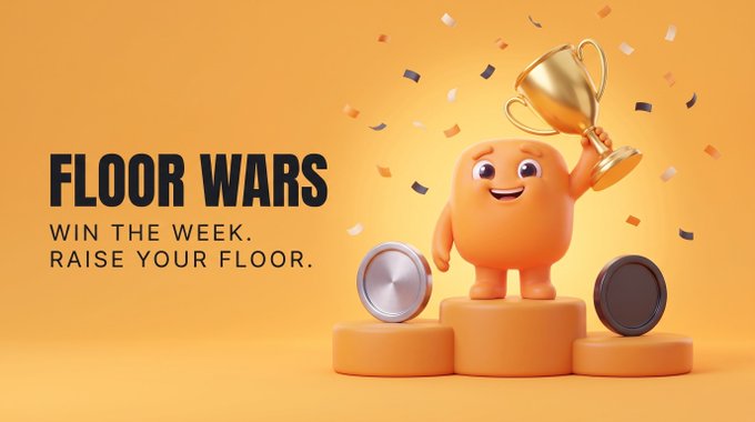 A 3D-rendered orange character holding a trophy stands on a podium with the text 'FLOOR WARS: WIN THE WEEK. RAISE YOUR FLOOR.'