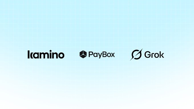 The image displays the logos of "Kamino," "PayBox," and "Grok" arranged horizontally on a light blue gradient background with a grid pattern, visually representing the partnership mentioned in the post where Kamino's Solana-native yield product becomes accessible to Grok users via PayBox.