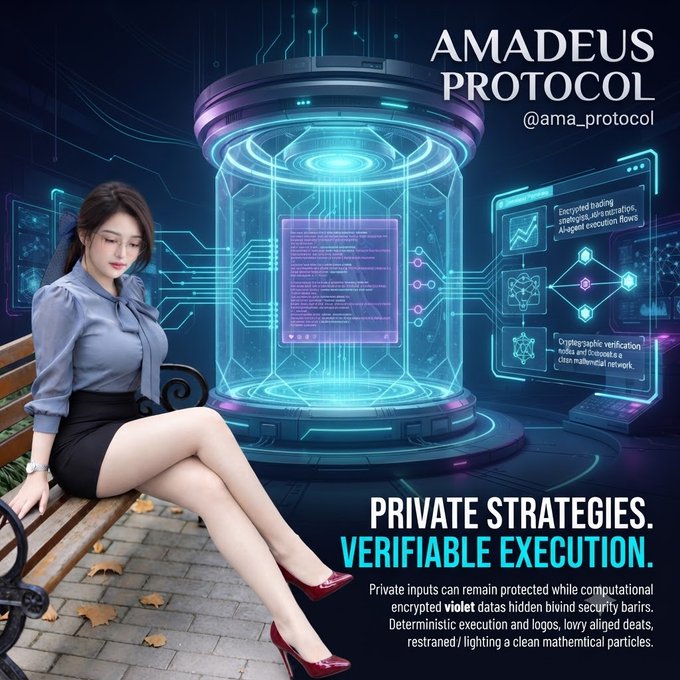 A promotional graphic for 'Amadeus Protocol' (@ama_protocol) featuring an AI-generated woman sitting on a bench next to a futuristic holographic display, with the text 'PRIVATE STRATEGIES. VERIFIABLE EXECUTION.'