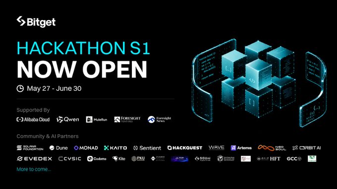 The image features a poster for an AI hackathon event that has just opened its doors. The poster displays various logos of companies participating in the event, including Bitget, Agent, and Crypto Trading. There are also several blocks of blue cubes on the poster, which could represent different aspects or elements related to the hackathon. The text on the poster announces the event's theme as "Hackathon S1 Now Open" and mentions that it is sponsored by various companies such as "AI + Crypto Trading", "Whilsea", and "Evex".
