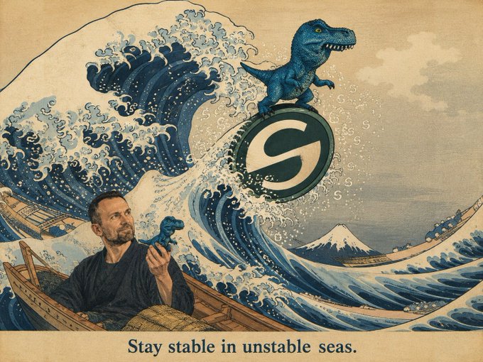 An artistic image styled after Hokusai's 'Great Wave' featuring a man holding a small dinosaur toy in a boat, while a larger blue dinosaur rides a wave with a circular 'S' logo, accompanied by the text 'Stay stable in unstable seas.'