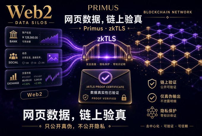 A promotional graphic for Primus zkTLS blockchain technology, bridging Web2 data silos (Bank, Social, Exchange) with Web3 blockchain networks, emphasizing verified data without exposing privacy.
