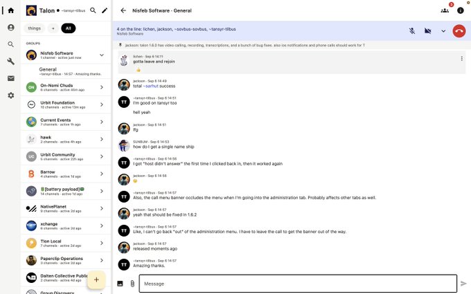 A screenshot of a Telegram chat in the 'NisNøb Software - General' group, where user 'talon' (@easytalbus) is discussing version 1.6.0 features and bugs, including notes on video calling, recording, transcription, and a 'tangent-lifbox' notification banner issue.