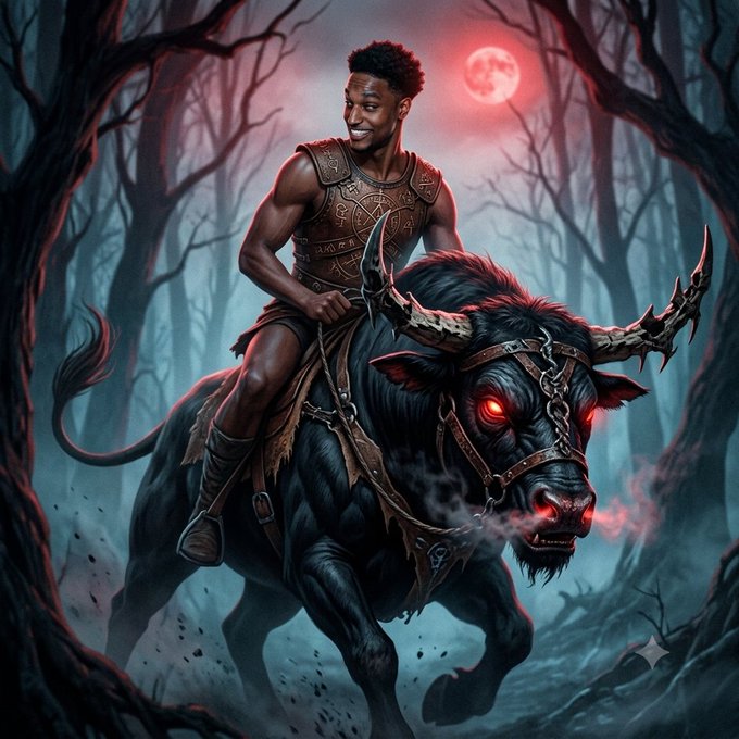 A digital illustration of a young man with short hair wearing an ornate leather harness/armor, riding a menacing dark bull with glowing red eyes and large horns through a dark, misty forest under a red moon.