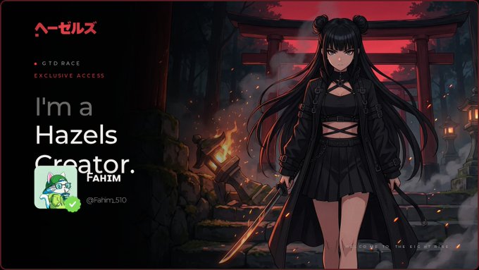 Anime-style promotional graphic featuring a dark-haired female warrior holding a sword before a red Japanese torii gate, with the text "I'm a Hazels Creator" and the handle "@Fahim_510," supporting the post's declaration of creator membership in the Hazels community.