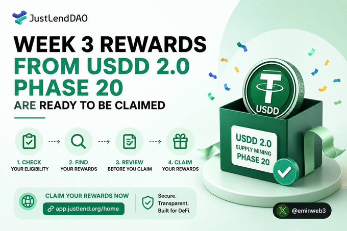 JustLendDAO promotional graphic announcing 'WEEK 3 REWARDS FROM USDD 2.0 PHASE 20' with a green gift box containing USDD tokens.