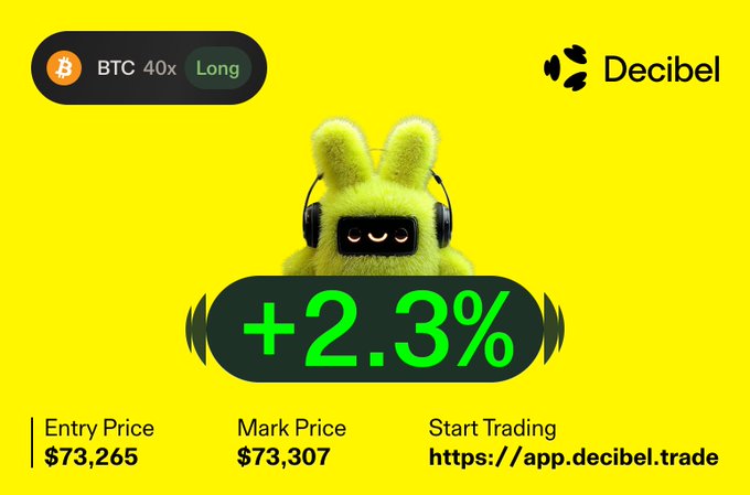 In the image, there are two green figures - one is a fuzzy stuffed animal wearing headphones and the other appears to be a robot sitting down with headphones. The background of the image shows a yellow color scheme, but more details about the objects or surroundings are not visible. The text in the image includes information related to the Decibel Bitcoin trading platform, such as its name, feature, and how it works. It also mentions the term "Long" and possibly talks about the volume decibel level of the cryptocurrency trading system.