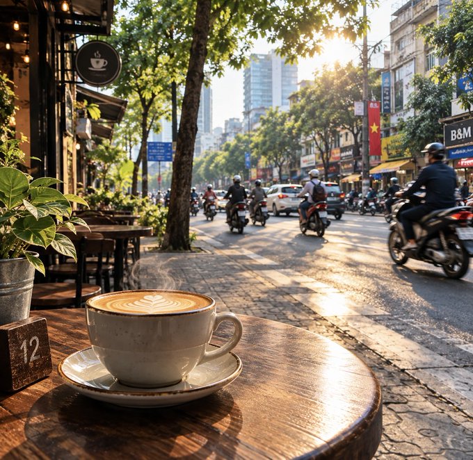 A steaming cup of coffee with latte art sits on a wooden table at a sidewalk café, overlooking a bustling street with motorbikes and a Vietnamese flag in the background.